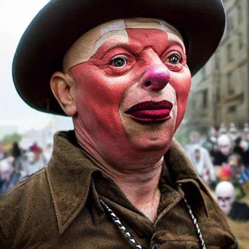 Prompt: UHD candid photo of Klaus Schwab dressed as a prisoner in a chain gang, wearing extremely accurate clown makeup, accurate face, UHD, photorealistic, correct face, photo by Annie Leibowitz