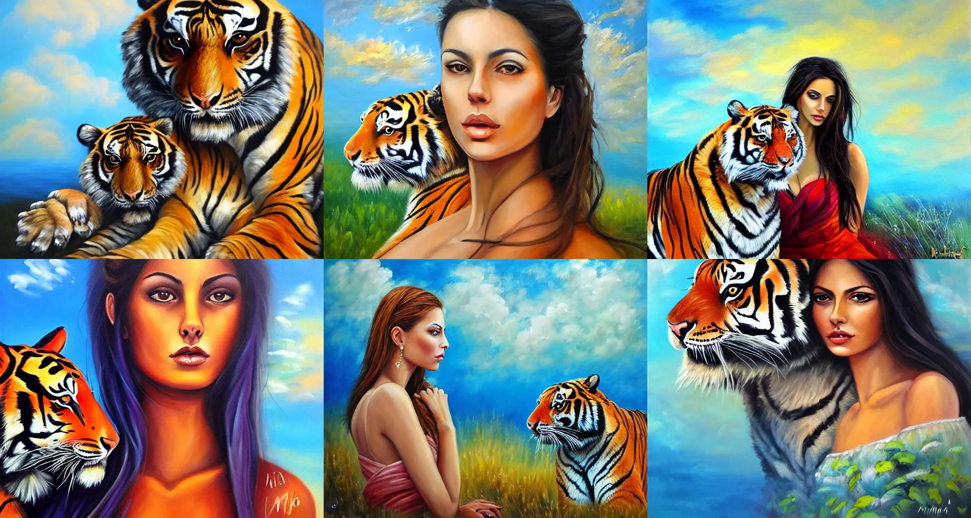 Prompt: dimitra milan painting, portrait of a beautiful woman and a tiger, clouds, dreamy setting, acrylic painting, sharp focus, by dimitra milan.