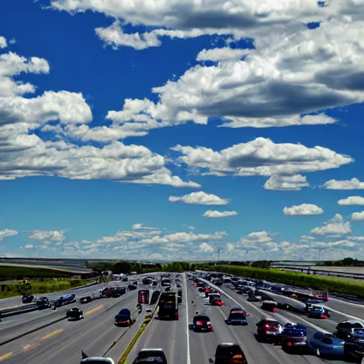 Image similar to photo, 5 0 mm, interstate traffic jam, scattered clouds, midday sun,