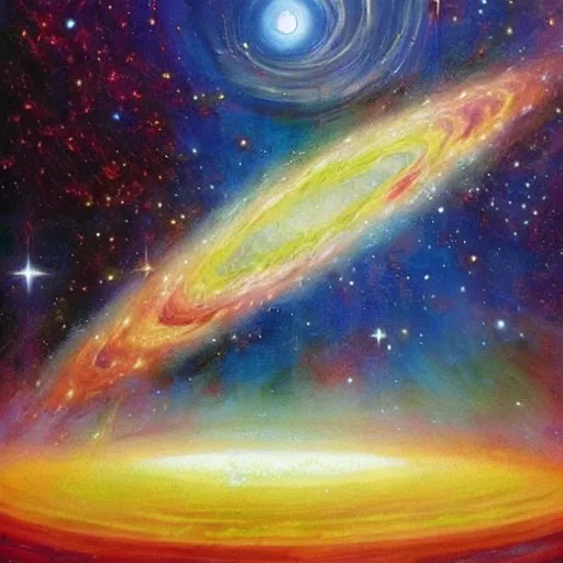 Image similar to sometimes forget there is purpose in all this and then i remember how far we've come, ( 1 9 5 5 ) awe inspiring cosmic scifi oil painting