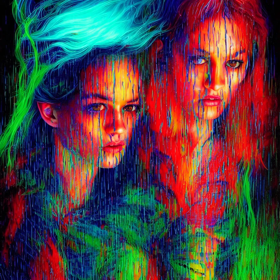 Prompt: bright asthetic portrait of LSD in rain with wet hair and one face, liquid, fantasy, intricate, elegant, dramatic lighting, highly detailed, lifelike, photorealistic, digital painting, artstation, illustration, concept art, smooth, sharp focus, art by John Collier and Albert Aublet and Krenz Cushart and Artem Demura and Alphonse Mucha