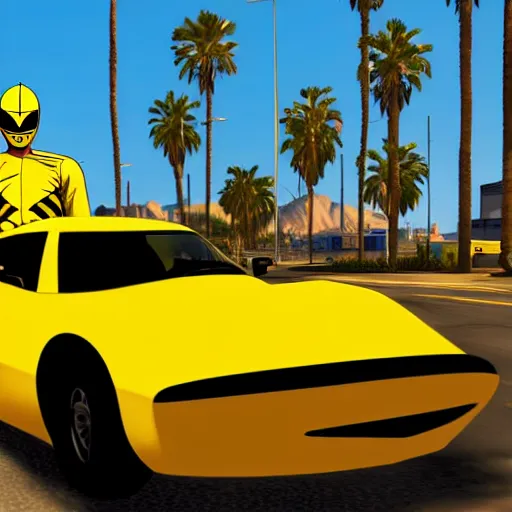 Image similar to yellow ranger in gta v cover art los santos in background, palm trees in the art style of stephen bliss, 4 k