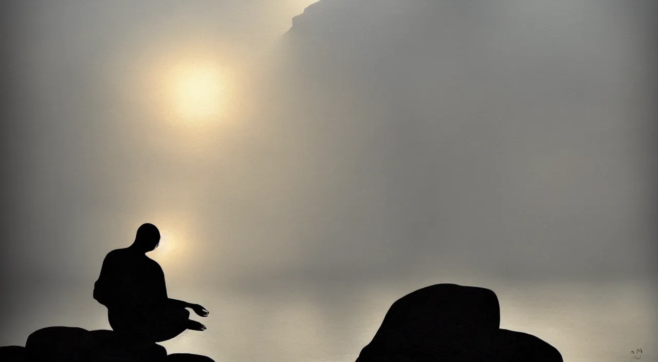 Image similar to anderson debernardi painted style a one silhouette of a meditating monk sitting in the fog on a stone protruding from the water in the rays of the morning sun