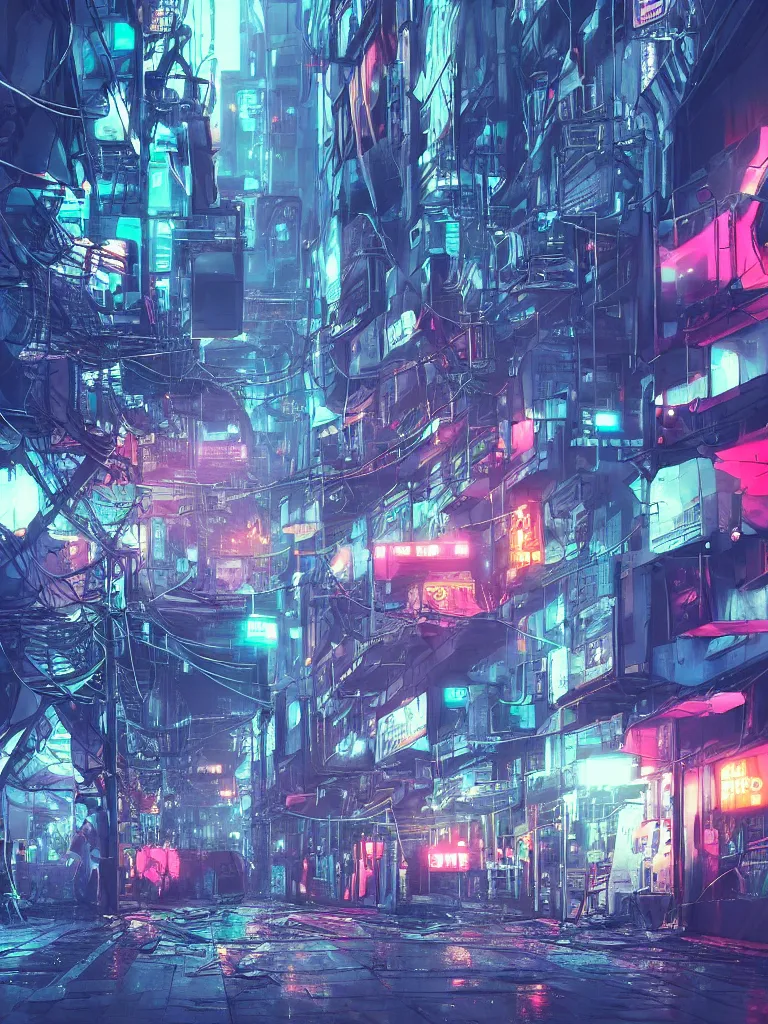 Prompt: neonpunk street, hanging cables, narrow, garbage on the ground. rain. fog, haze, evening. led screens. golden hour. volumetric lighting. cables on the ground. very messy. futuristic. photorealistic. artstation. anime. studio gimbli style