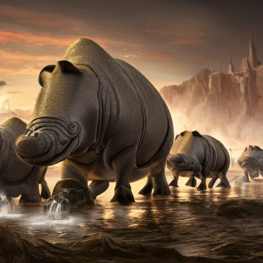 Image similar to fantasy art 4 k photo of knight armored hippos ready for battle