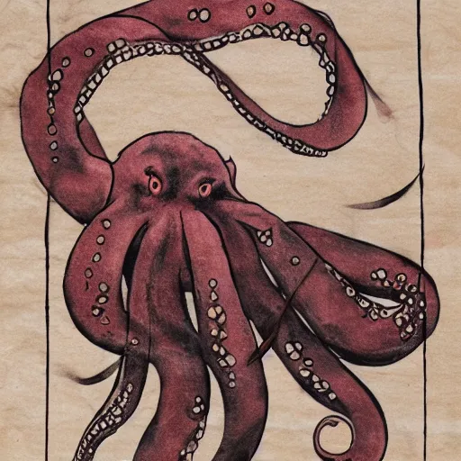 Image similar to a pig - octopus, calligraphy, ink on japanese rice paper