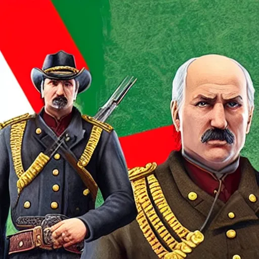 Image similar to Alexander Lukashenko with the belarussian flag in the background in Red Dead Redemption 2