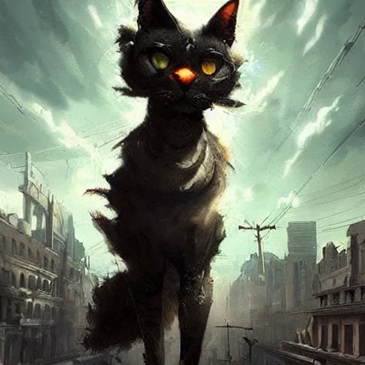 Image similar to gigantic cat walking on apocalyptic city, very detailed fine art, top of pinterest, trend of artistation, style of ( ( kadinski ) ) greg rutkowski and ilia kuvshinov