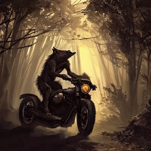 Image similar to werewolf riding motorcycle along a dark street in the woods, concept art, smooth, sharp focus, illustration, art by artgerm and greg rutkowski and alphonse mucha