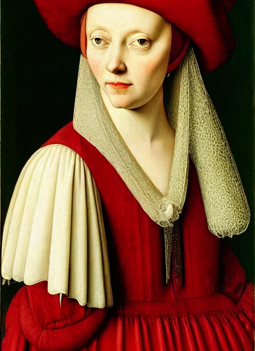 Prompt: portrait young woman young woman in renaissance dress and hat, art by jan van eyck,