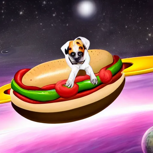 Image similar to a beautiful hotdog in space wearing a tuxedo with colorful bright green eyes, medium shot, hd, 8k, hyper-realism, detailed,