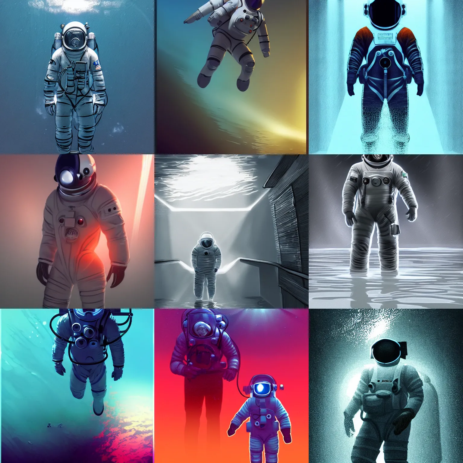 Prompt: infrared concept art in the dark underwater diver astronaut with meka helmet standing on the stairs. wet reflection material. rays and dispersion of light breaking through the deep water. trend artstation