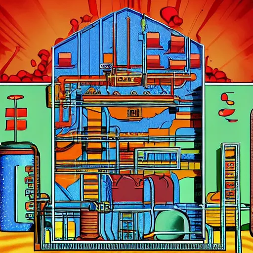 Prompt: cross-section of a complex zorkmid factory, detailed and colorful digital art in the wimmelbilder style