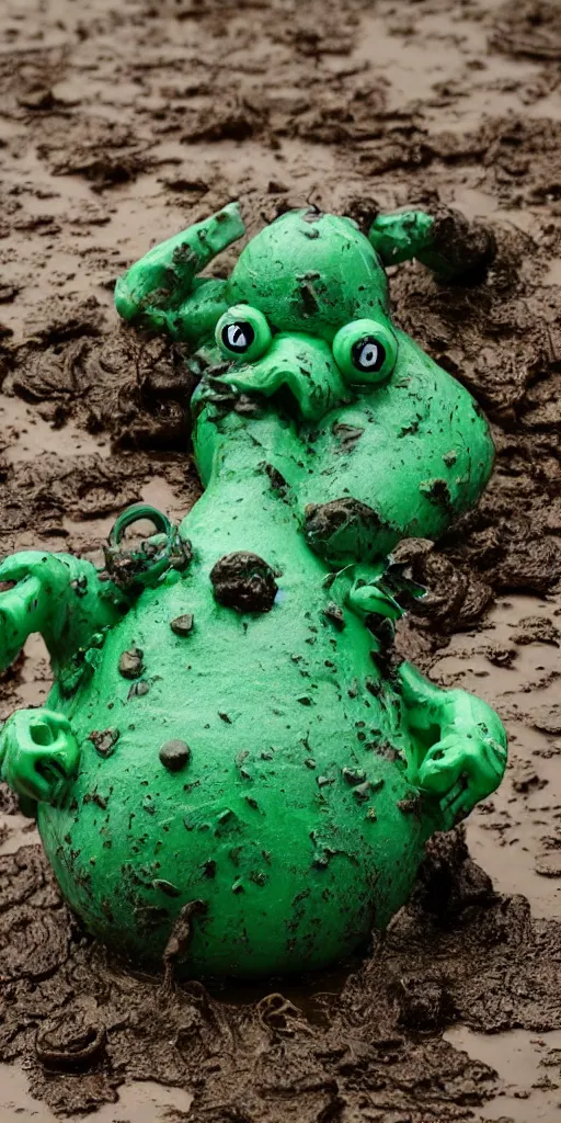 Prompt: bootleg figure of a plastic green acid hedorah diorama drowning in the mud water, secondhand, rain stormcloud, mcfarlane, cursed photography, middle shot