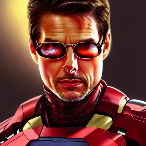 Prompt: handsome Tom Cruise in Iron Man suit with red tinted glasses, western, closeup, D&D, fantasy, intricate, elegant, highly detailed, digital painting, artstation, concept art, matte, sharp focus, illustration, art by Artgerm and Greg Rutkowski and Alphonse Mucha