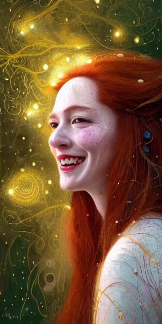 Image similar to lovely woman, serene smile surrounded by golden firefly lights, amidst nature fully covered by a intricate detailed dress, long red hair, precise linework, accurate green eyes, small nose with freckles, smooth oval shape face, empathic, expressive emotions, dramatic lights spiritual scene, hyper realistic ultrafine art by artemisia gentileschi, jessica rossier, boris vallejo