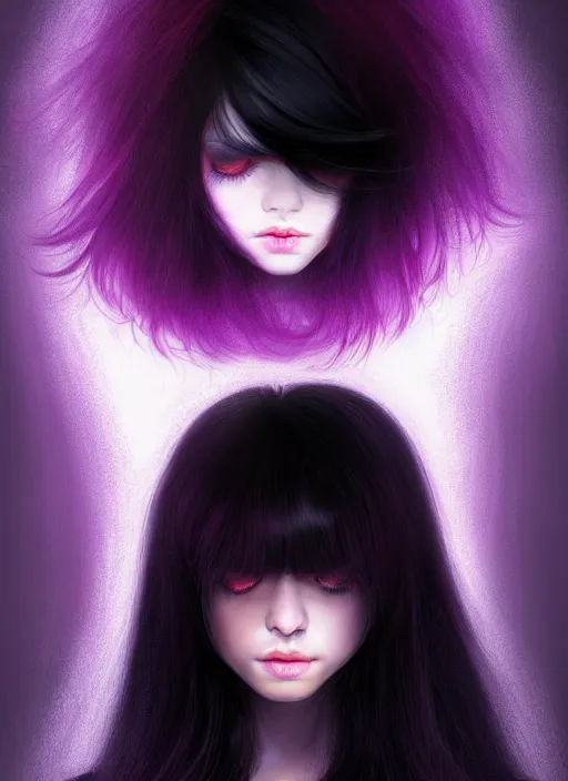 Image similar to hair blackbangs hair, white hair, blackbangswhitehair, portrait of teenage girl with black bangs, red irises, purple clothes, black bangs, bangs are white hair is black, intricate, elegant, glowing lights, highly detailed, digital painting, artstation, concept art, sharp focus, illustration, art by wlop, mars ravelo and greg rutkowski