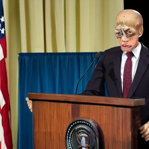 Image similar to president marionette that looks like a puppeteer in a podium giving a press conference