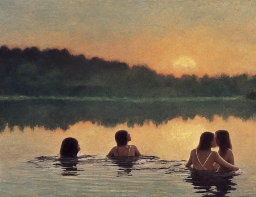 Prompt: Two woman swimming in the lake on a sunset, country style, Cottage core, Cinematic focus, Polaroid photo, vintage, neutral colors, soft lights, foggy, by Steve Hanks, by Serov Valentin, by Andrei Tarkovsky, by Terrence Malick, 8k render, detailed, oil on canvas, wide shot