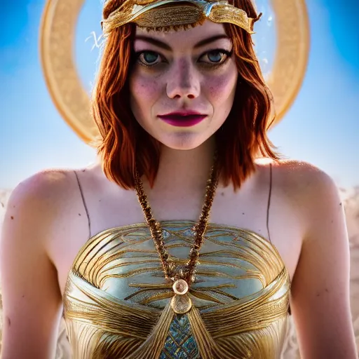 Image similar to Emma Stone as a Greek Goddess, Sony a7R IV, symmetric balance, polarizing filter, Photolab, Lightroom, 4K, Dolby Vision, Photography Award