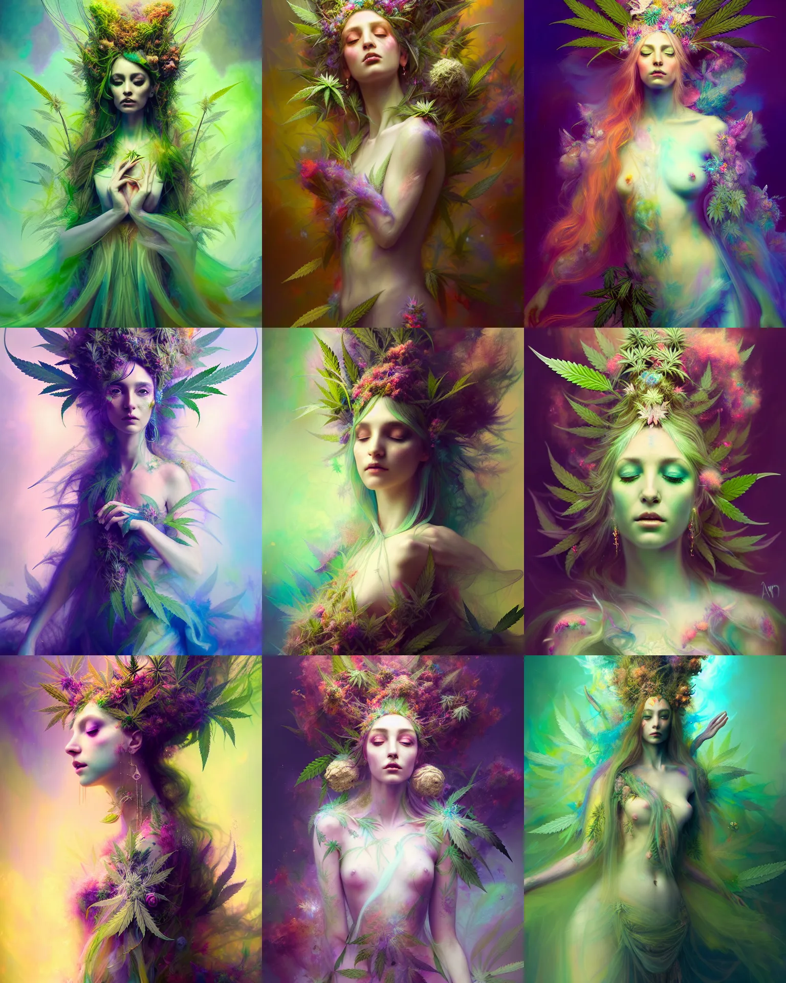 Prompt: Full View Portrait Mystical ethereal cannabis deity wearing beautiful dress, cannabis Dryad, 4k digital masterpiece by Anna dittman and Ruan Jia and Alberto Seveso, fantasycore, Hyperdetailed, realistic oil on linen, soft lighting, hemp background, featured on Artstation