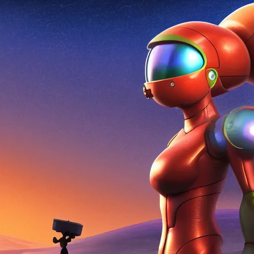 Image similar to Samus Aran standing on a desolate planet, Pixar movie still, official media, 4k HD, by Bill Pressing