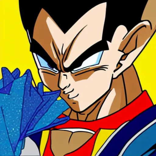 Image similar to vegeta eating a bag of doritos, photorealistic