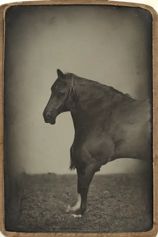 Prompt: a tintype photo of horse in a bed