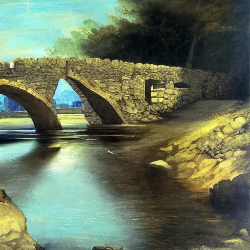 Prompt: modern stylized oil painting of medieval stone bridge, very very very beautiful, funny structure, romanticism by goya, bright art, cinematic dramatic lighting, plants and water