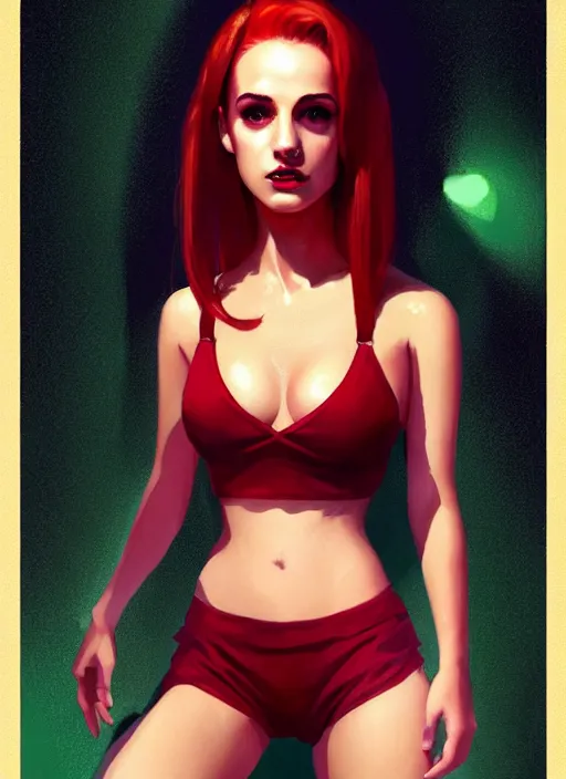 Image similar to full body portrait of teenage cheryl blossom, bangs, green eyes, mischievous expression, red hair, sultry smirk, bangs and wavy hair, intricate, elegant, glowing lights, highly detailed, digital painting, artstation, concept art, smooth, sharp focus, illustration, art by wlop, mars ravelo and greg rutkowski