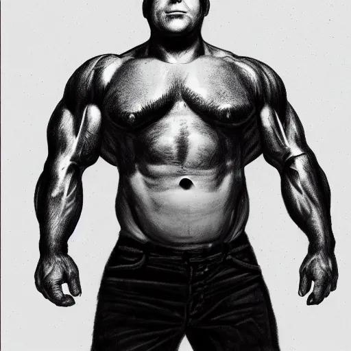 Image similar to black and white pencil sketch of a muscular Danny DeVito