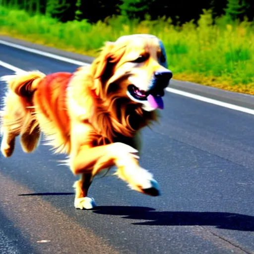 Image similar to photo of a golden retriever running on a highway