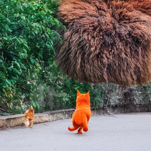 Image similar to a giant orange cat chasing after a little puppy dog