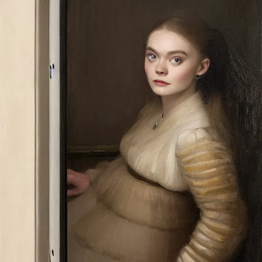 Prompt: portrait of a elle fanning looking out a porthole window with the reflection of stars on it, detailed realism face in painting, detailed beautiful portrait, oil painting masterpiece, 8 k resolution, smooth, sharp focus, trending on artstation, by rembrandt