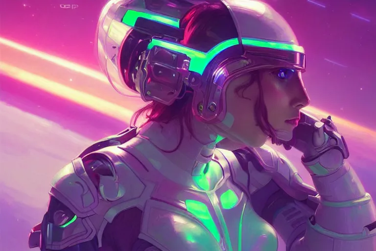 Image similar to Good looking young women wearing neon coloured armour suits in a space station, elegant, intricate, retrofuturistic digital painting, artstation, concept art, smooth, sharp focus, illustration, art by artgerm and greg rutkowski and alphonse mucha