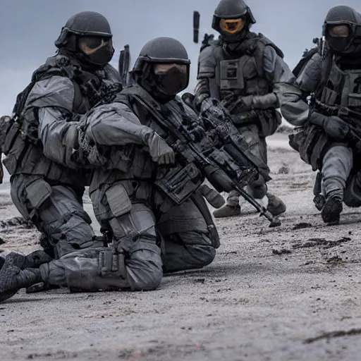 Prompt: Special Forces in grey uniform with black body armor evacuating an LZ in 2022, photo by Adam Ferguson, Pulitzer Winning, cinematic composition, breathtaking, modern, 2022