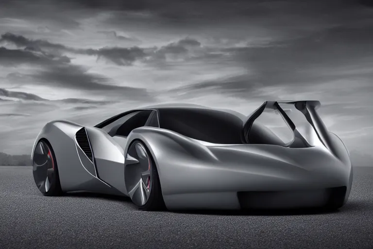 Image similar to A futuristic supercar made of a slick grey scaled metal, professional garage photograph.