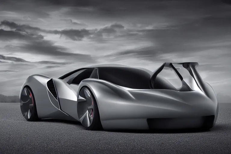 Prompt: A futuristic supercar made of a slick grey scaled metal, professional garage photograph.