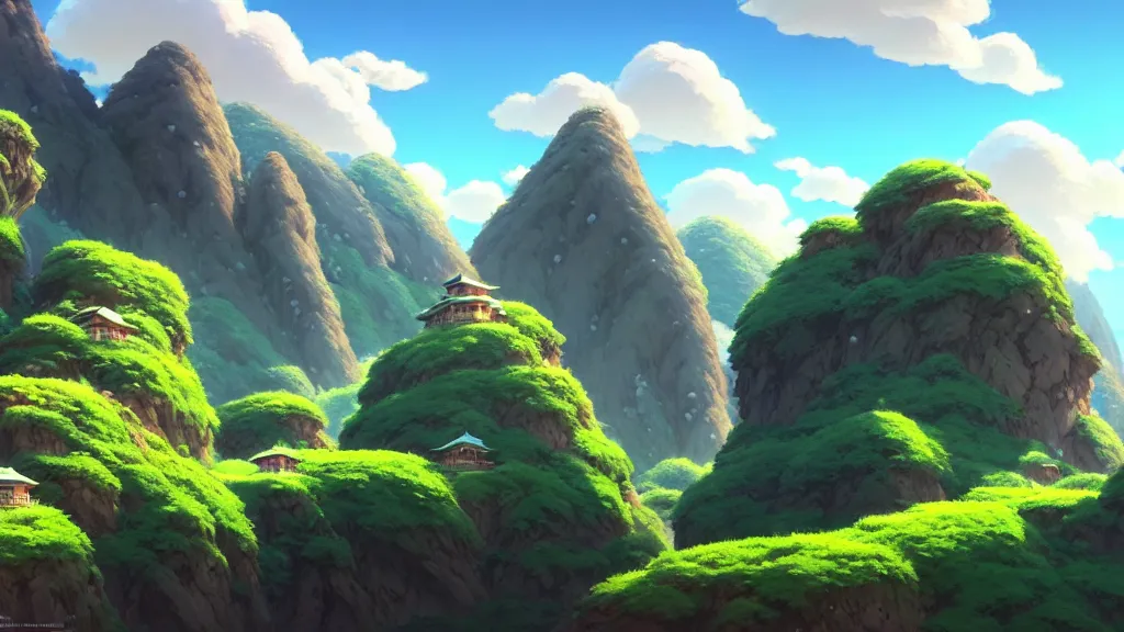 Image similar to mountainside landscape, studio ghibli, pixar and disney animation, sharp, rendered in unreal engine 5, highly detailed, digital painting, artstation, concept art, smooth, sharp focus, illustration, wide angle, artbook, wallpaper, splash art, promo art, dramatic lighting, art by artgerm and greg rutkowski and bo chen and jin xiaodi