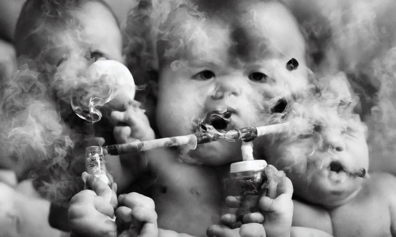 Prompt: a photo of a baby smoking a bong