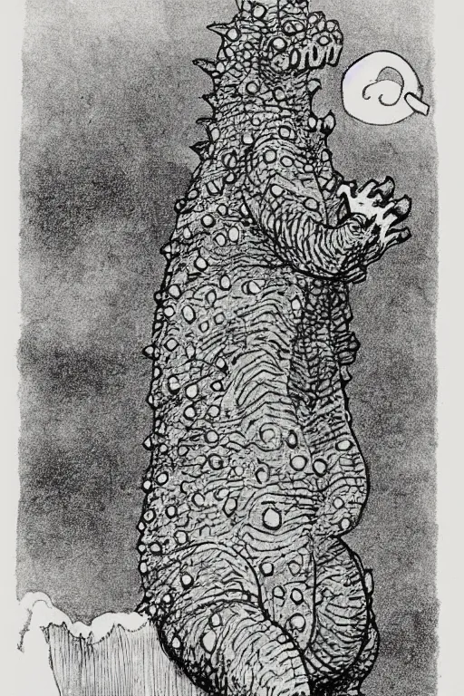 Image similar to godzilla wearing a crown, by maurice sendak