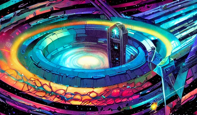 Prompt: Wormhole, Stargate, Broken Bifrost Portal, mixed media, digitally painted by Tim Doyle, Kilian Eng and Thomas Kinkade, centered, uncropped
