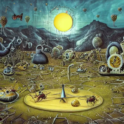 Image similar to surrealist landscape, clock melting, ant city, painting, highly detailed