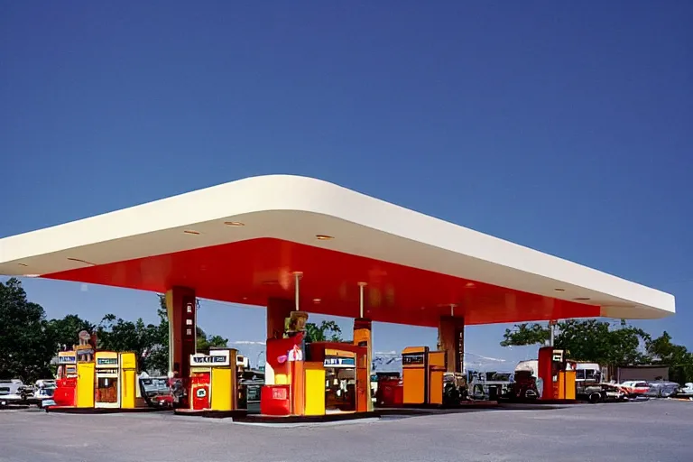 Image similar to a beautiful luxurious gas station, retro and 1 9 8 0 s style, beautiful architecture