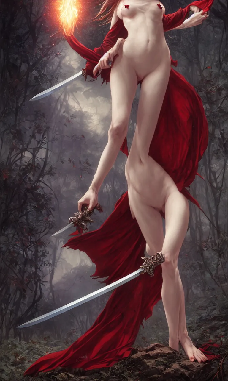 Prompt: full figure, female vampire, pale skin, red cloath, holding a sword wrapped in blue sparkling magic, walking towards the camera, camera pulled back far, detailed illustration, intricate details, surrounded by werewolves, 8 k post processing, scary atmospheric lighting, photoshop, hyper realistic art by artgerm and greg rutkowski and alphonse mucha and lee bermejo