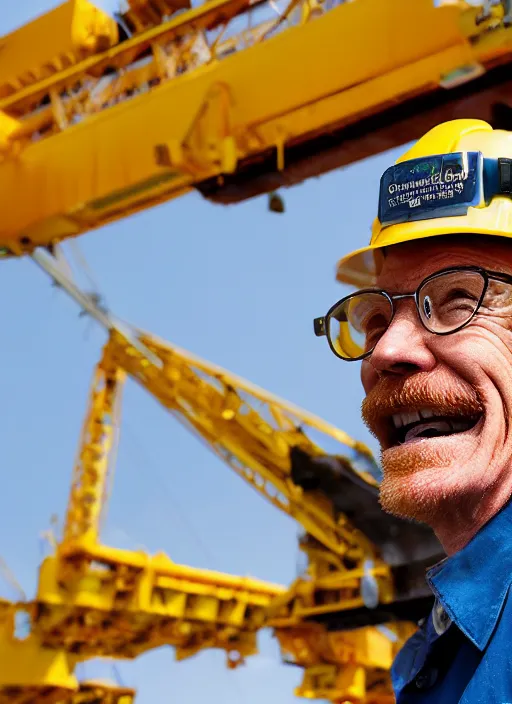 Prompt: closeup portrait of cheerful bryan cranston as a crane operator, yellow hardhat, sitting in a crane, natural light, bloom, detailed face, magazine, press, photo, steve mccurry, david lazar, canon, nikon, focus