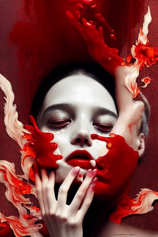 Prompt: 3 d, crying fashion model, flame, liquid black and red water, soft moon light, vogue cover style, poster art, high detail, intricate oil painting, multiple exposure, heaven mood, hyperrealism, 3 d, by tooth wu and wlop and beeple and greg rutkowski