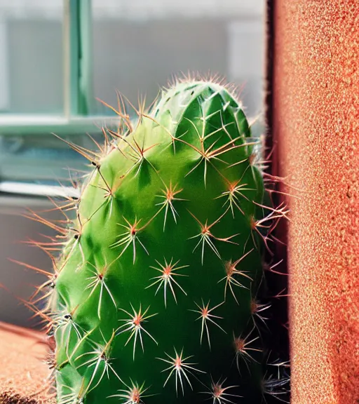 Image similar to an old photo of a cactus on a sunny windowsill, soft lighting