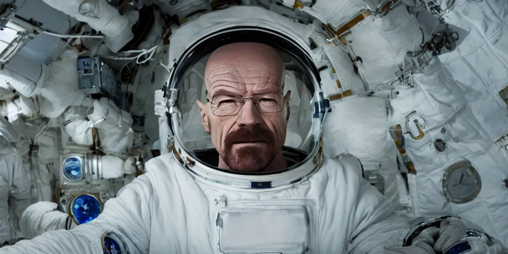 Image similar to Walter White as an astronaut outside a space station, 4k detailed, very very well detailed image 5, 8k