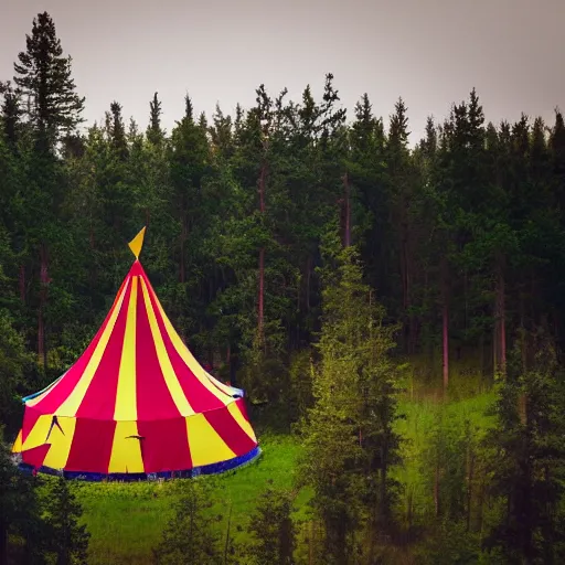 Prompt: a circus tent in the middle of a dark mysterious forest